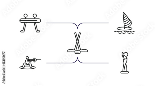 sport outline icons set. thin line icons such as gymnastics, windsurf, ice hockey, wakeboarding, award vector.