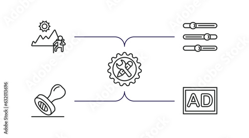 social media marketing outline icons set. thin line icons such as recreational, options, development, stamps, ad vector.