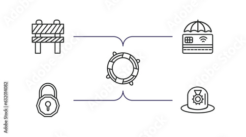 security outline icons set. thin line icons such as obstacle, protected credit card, lifesaving, padlock unlocked, police helmet vector.