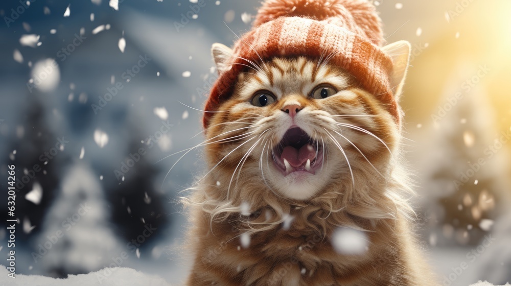 Christmas funny cat surrounded by snowflakes Christmas funny cat surrounded by snowflakes