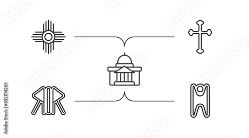 religion outline icons set. thin line icons such as native american sun, catholicism, vatican, nordic paganism, humanism vector.