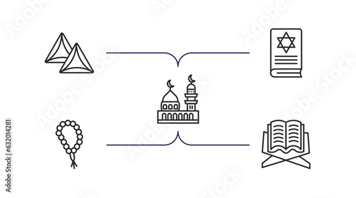 religion outline icons set. thin line icons such as hamantaschen, torah book, medina, muslim tasbih, holy quran vector.