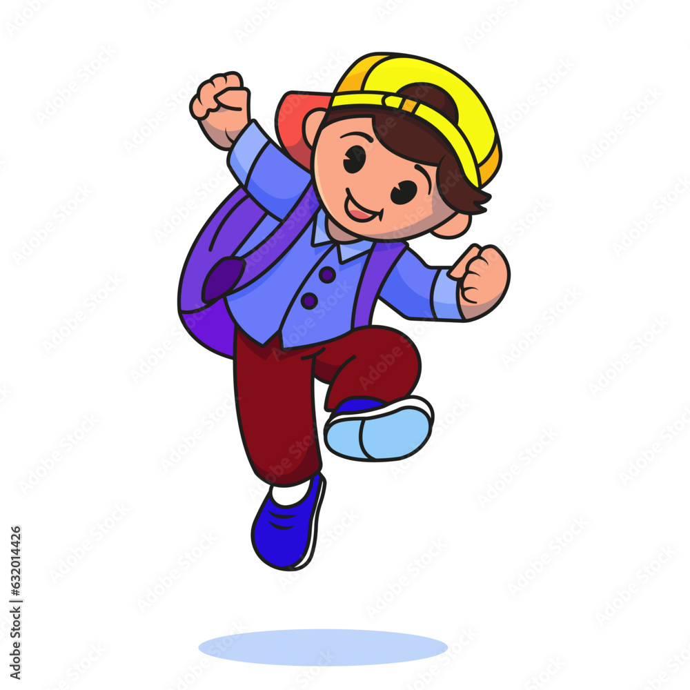 A cute boy goes to school. Isolated people education icon concept Premium Vector. flat cartoon style