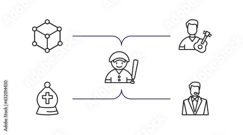 professions & jobs outline icons set. thin line icons such as model, guitar player, baseball player, bishop, bouncer vector.