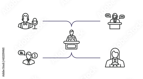 professions outline icons set. thin line icons such as showman, secretary, software developer, financial advisor, lawyer vector.