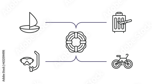 people skills outline icons set. thin line icons such as round sailboat, traveler, rescuer, diving mask, cyclist vector.