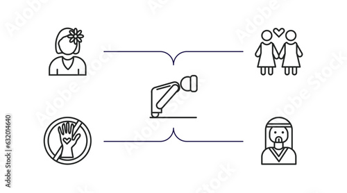 people outline icons set. thin line icons such as woman with flower, lesbian couple, ruku, no racism, bedouin vector.