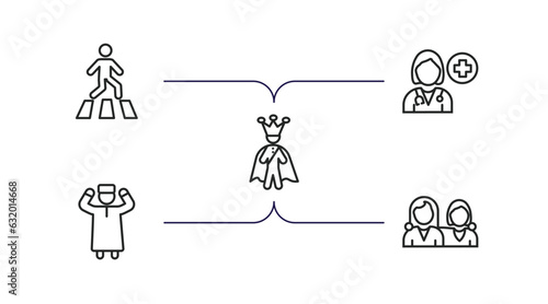 people outline icons set. thin line icons such as road crossing, female doctor, emperor, takbir, friends vector.