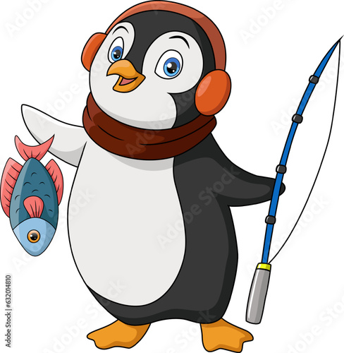 Cute penguin fishing on white background