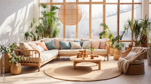 Beautiful cozy interior design of bright living room in boho style with sofa and rattan armchair. Generative AI