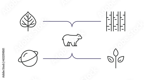 nature outline icons set. thin line icons such as quaking aspen tree, paper birch tree, polar, saturn with his ring, green vector.