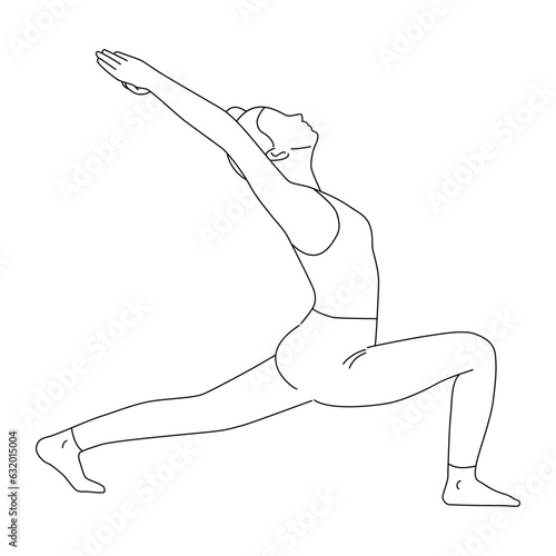 Line art of woman doing Yoga in crescent lunge pose vector