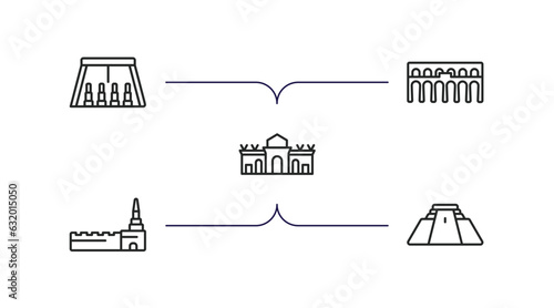 monuments outline icons set. thin line icons such as abu simbel, segovia aqueduct, alcala gate, moscow, pyramid of the magician vector.