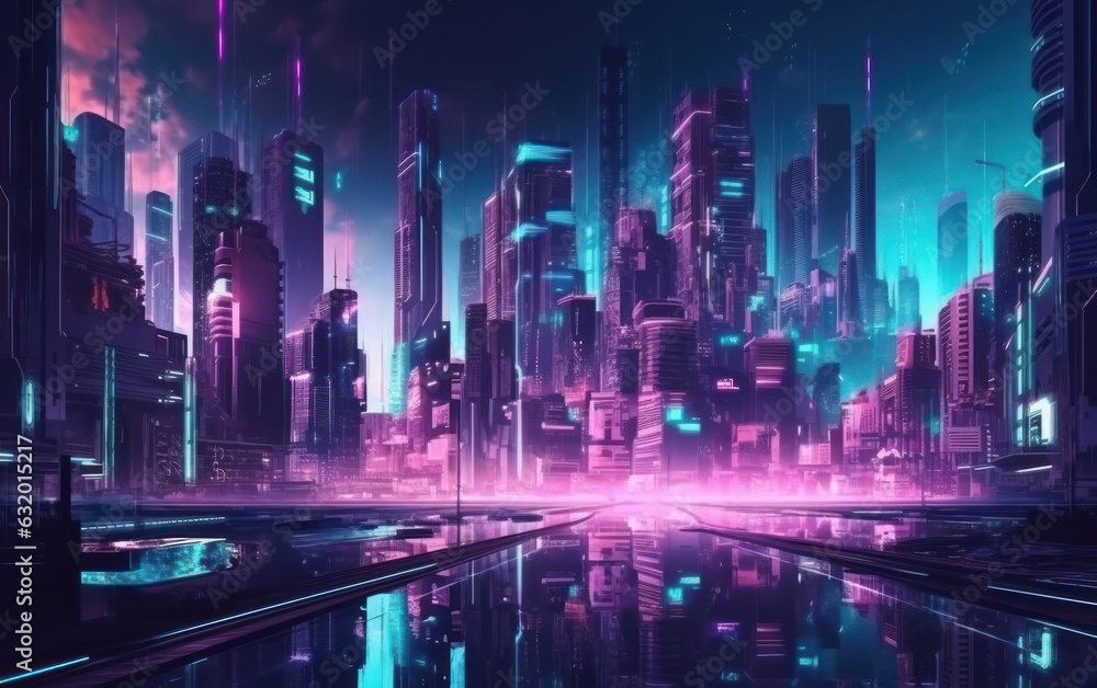 Sci-fi Cityscape with Purple and Cyan Neon lights