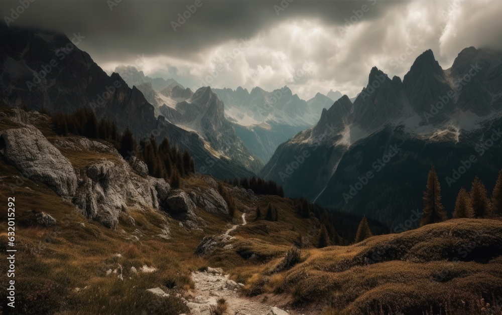 Rocky mountains under cloudy sky at Dolomites
