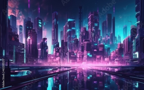 Sci-fi Cityscape with Purple and Cyan Neon lights © Tisha
