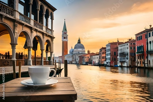 A cup of coffee and a flower vase on the table in front of the Canal in Venice during sunset, in the style of captivating cityscapes. Generative AI