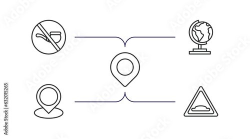 maps and flags outline icons set. thin line icons such as no smoking pipe, earth gobe, locato, location mark, speed breaker vector.