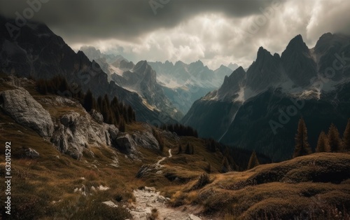 Rocky mountains under cloudy sky at Dolomites