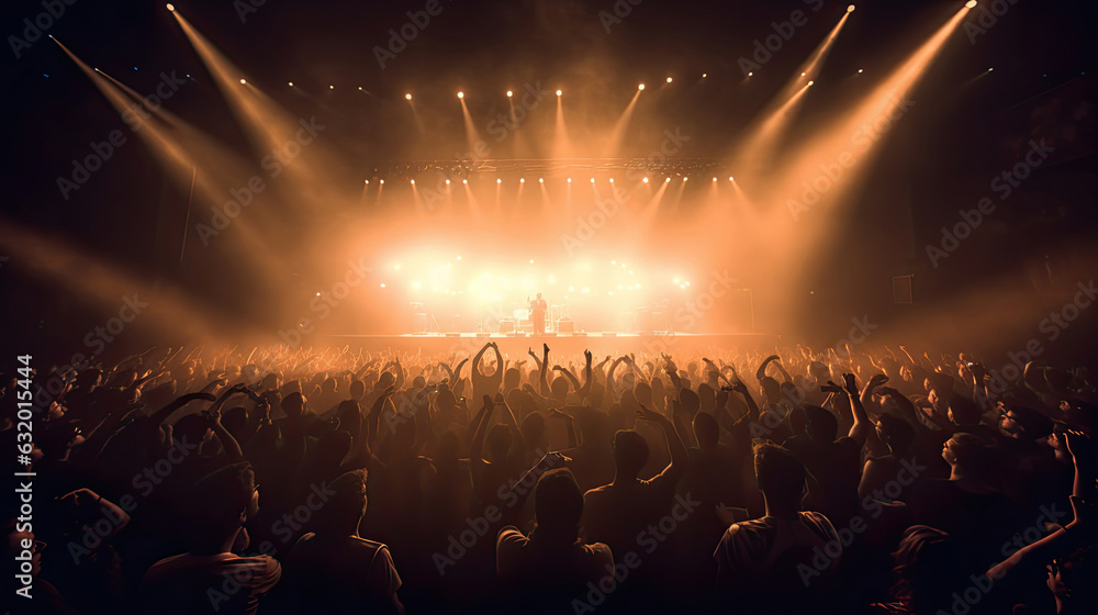 Silhouette of concert crowd in front of bright stage lights. Dark background, smoke, concert spotlights, disco ball. Crowd at Concert. Generative Ai