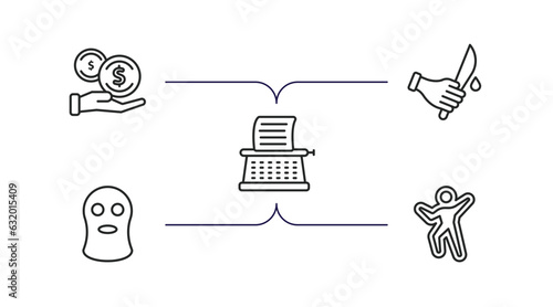 law and justice outline icons set. thin line icons such as bribery, murder, stenographer, balaclava, crime scene vector.