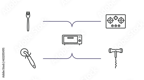 kitchen outline icons set. thin line icons such as fork, stove, bun warmer, pizza cutter, corkscrew vector.