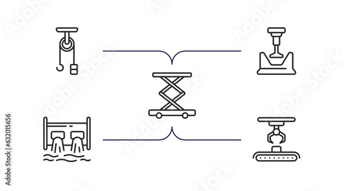 industry outline icons set. thin line icons such as sheave, crusher, lift, hydro power generation, hinery vector.