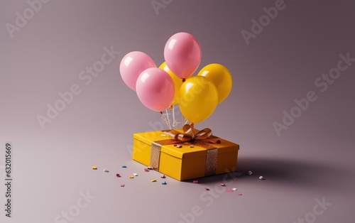 Gift box surrounded by yellow balloon