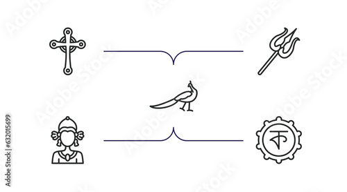 india outline icons set. thin line icons such as gtic, shaivism, peacock, indra, bengali language vector.