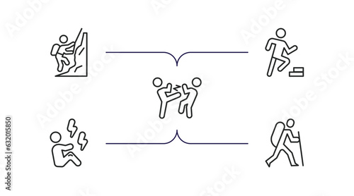 humans outline icons set. thin line icons such as mountain climb, smortsmen, fighting, pain, man in hike vector.