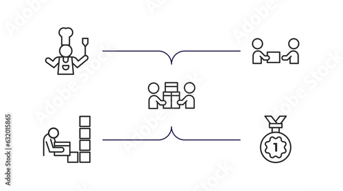 humans outline icons set. thin line icons such as kitchen chef, give over, carrying, storekeeper, first prize vector.