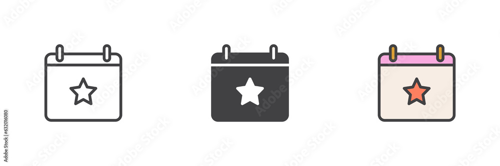 Calendar reminder with star different style icon set Calendar reminder with star different style icon set