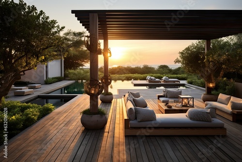 Tranquil Outdoor Oasis: Morning Elegance and Evening Relaxation Generative AI © lee