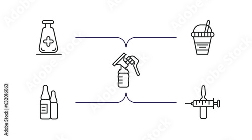 health and medical outline icons set. thin line icons such as medical substance, juice, breast pump, ampoule, injection vector.