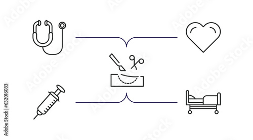 health and medical outline icons set. thin line icons such as stethoscope, heart, surgery, syringe, hospital bed vector.
