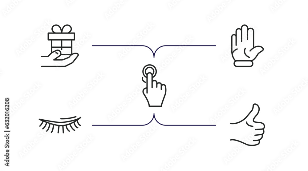 gestures outline icons set. thin line icons such as give a gift, hand up, pressing, eyelid, thumb finger up vector. gestures outline icons set. thin line icons such as give a gift, hand up, pressing, eyelid, thumb finger up vector.