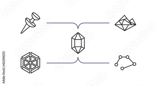 geometry outline icons set. thin line icons such as push pin, polygonal mountains, polygonal jewel, polygonal hexagonal, line vector.
