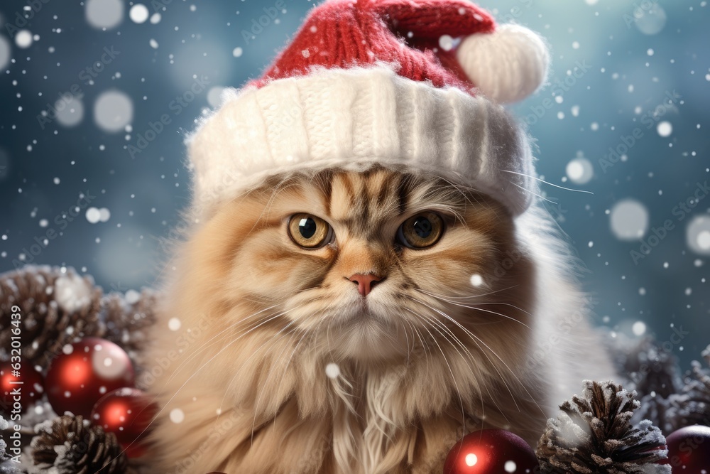 Christmas funny cat surrounded by snowflakes Christmas funny cat surrounded by snowflakes