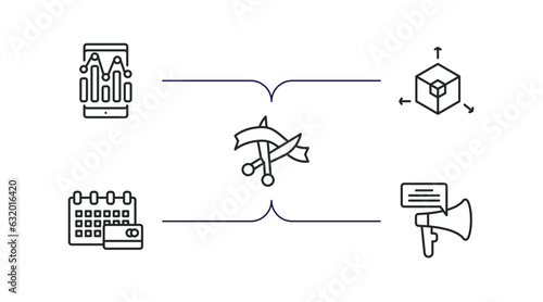 general outline icons set. thin line icons such as info chart, 3d modeling, inauguration, annual fee, direct marketing vector.