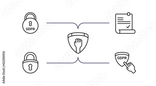 gdpr outline icons set. thin line icons such as keylock, consent, rights, lock, finger vector.