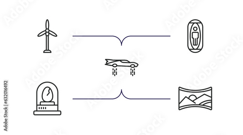 future technology outline icons set. thin line icons such as eolic energy, capsule, flying car, egg incubator, panoramic view vector.
