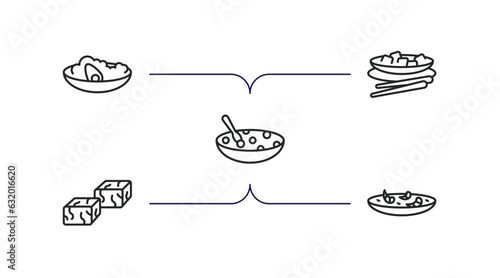 food and restaurant outline icons set. thin line icons such as congee, kung pao chicken, tong sui, sachima, cantonese seafood soup vector.