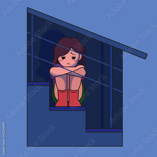 A cute girl sits sadly on the stairs in the dark. emotions are lonely. cartoon vector icon illustration. People icon object concept isolated. flat cartoon style