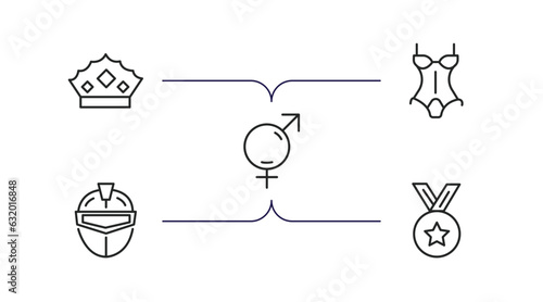 fashion outline icons set. thin line icons such as monarchy, lingerine, unisex, general helmet, star medal vector.