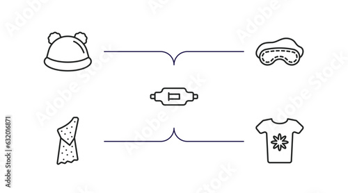 fashion outline icons set. thin line icons such as knit hat, sleeping mask, gym belt, caveman, t shirt with flowers vector.