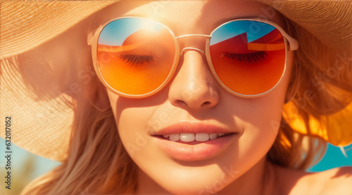 Realistic photo of a woman use sun glasses on a summer by Generative AI