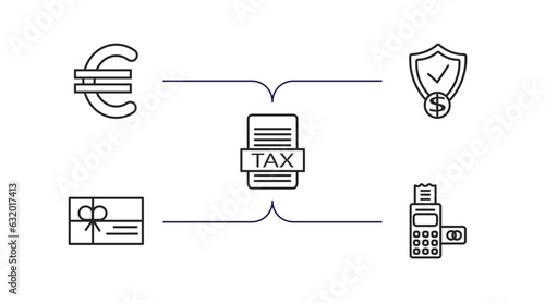 e commerce and payment outline icons set. thin line icons such as euro, guaranty shield, tax, gift card, card hine vector.