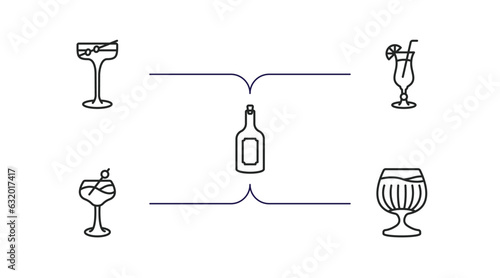 drinks outline icons set. thin line icons such as manhattan, tropical itch, rum, last word drink, brandy glass vector.