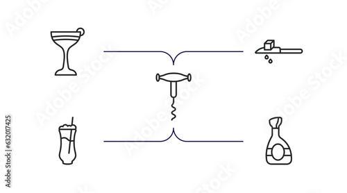 drinks outline icons set. thin line icons such as flirtini, drip, sorkscrew, ramos gin fizz, cognac vector.