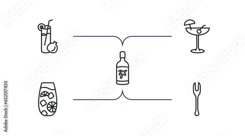 drinks outline icons set. thin line icons such as pomegranate martini, pink rose, malibu, tom collins, forks vector.